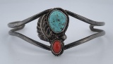 Navajo Sterling Silver Turquoise Coral Bracelet