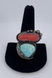 Navajo Sterling Silver Turquoise Coral Ring