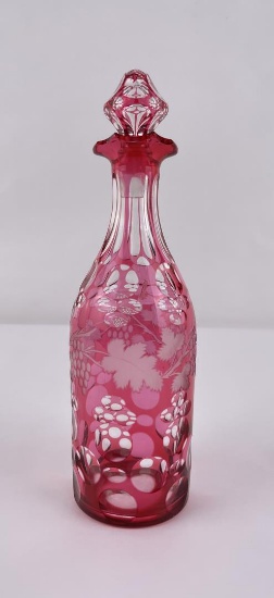 Antique Bohemian Cut to Clear Cranberry Decanter