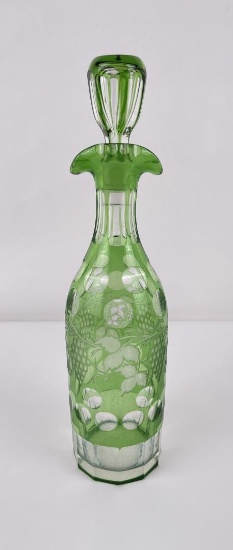 Antique Bohemian Cut to Clear Green Decanter