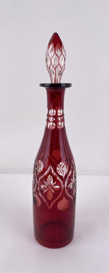 Antique Bohemian Cut to Clear Ruby Decanter