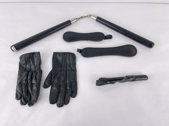 Collection of Police Saps Gloves and Nunchucks
