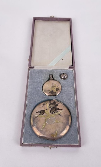 Japanese Sterling Silver Perfume Bottle & Compact