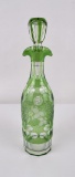 Antique Bohemian Cut to Clear Green Decanter