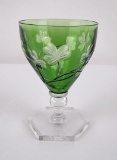 Antique Bohemian Cut to Clear Green Compote
