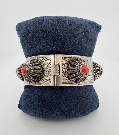 Tibetan Silver Coral Cuff Bracelet
