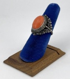 Antique Filigree Coral Sterling Silver Ring