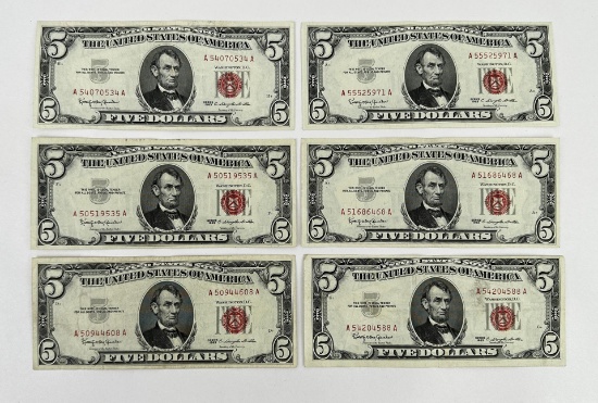 Collection of $5 Red Seal Bills