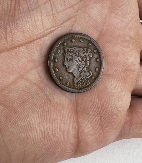 1853 Braided Hair Half Cent Coin