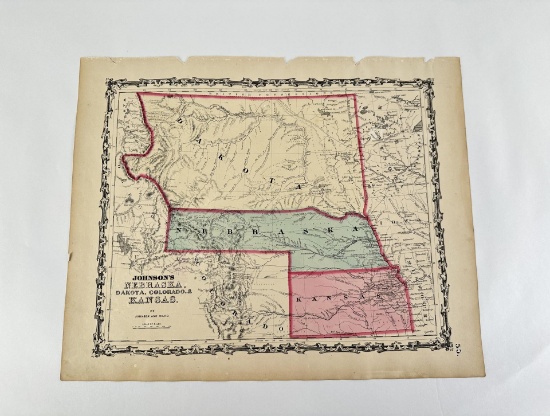1862 Johnson's Map Nebraska Dakota Colorado Kansas