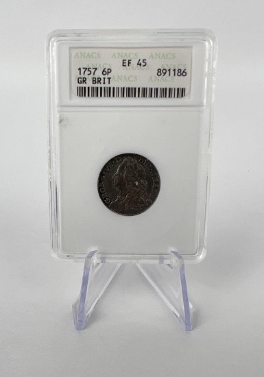 1757 Great Britain 6 Pence Coin ANACS EF45