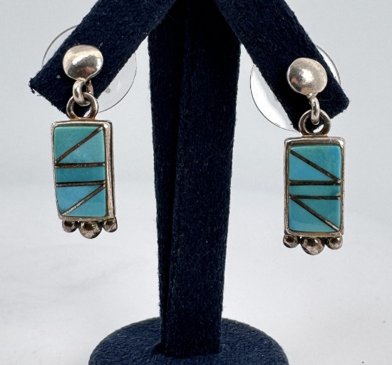 Zuni Inlaid Sterling Silver Turquoise Earrings