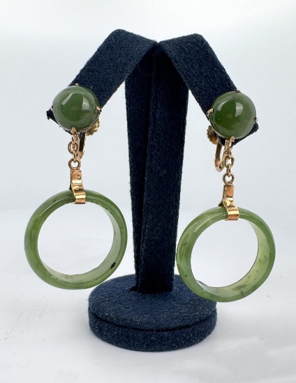 Chinese 14K Gold Green Jade Earrings