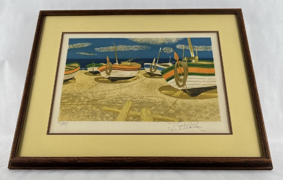 Yves Ganne Signed Lithograph of Boats