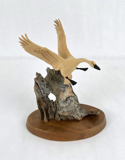G. Lovejoy Swan In Flight Wood Carving