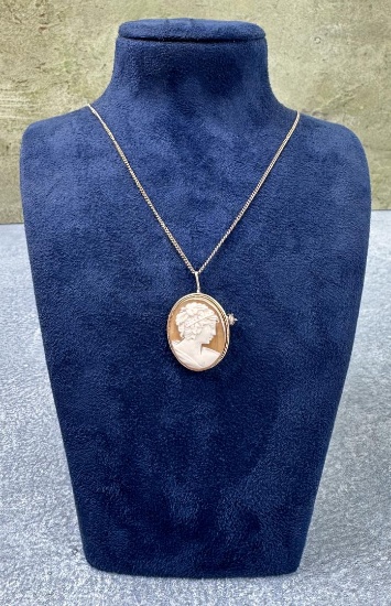 Victorian .800 Carved Shell Cameo Brooch Necklace