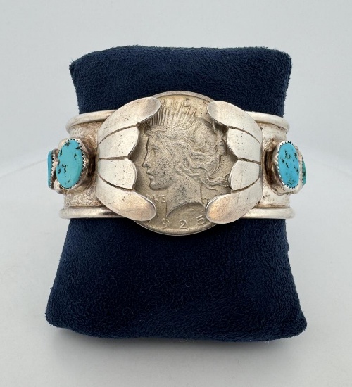Navajo Sterling Turquoise Peace Dollar Bracelet