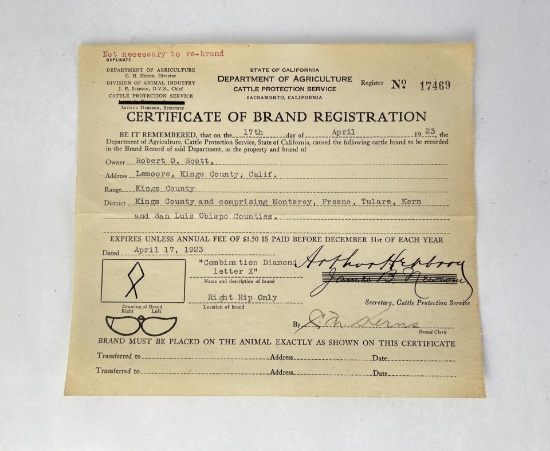 1923 California Cattle Brand Certificate