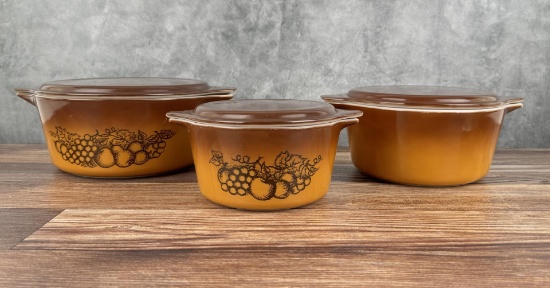 Pyrex Brown Old Orchard Casseroles With Lids