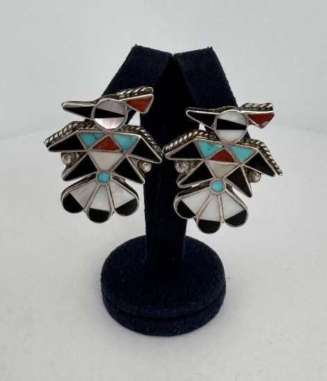Zuni Inlaid Sterling Silver Thunderbird Earrings