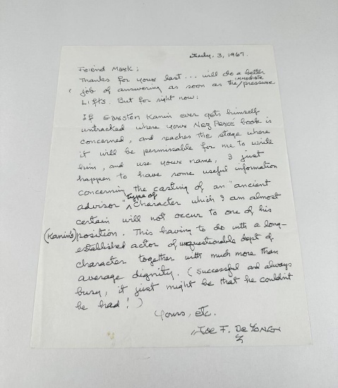1967 Letter From Joe De Yong To Mark Brown