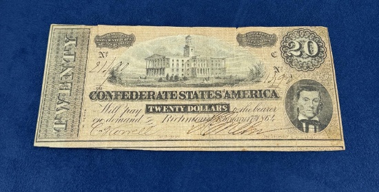 1864 Confederate $20 Twenty Dollar Note