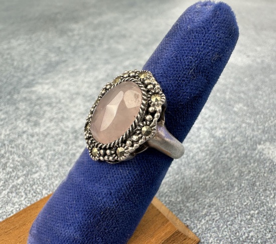 Sterling Silver Rose Quartz Marcasite Ring