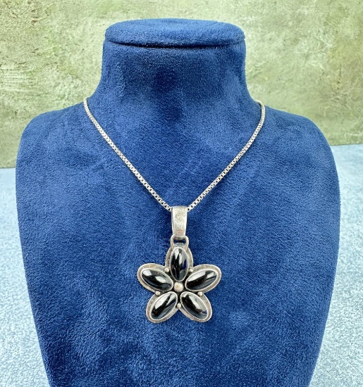 Navajo Sterling Silver Onyx Flower Necklace