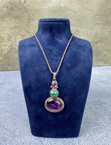 Sterling Silver Amethyst Malachite Necklace