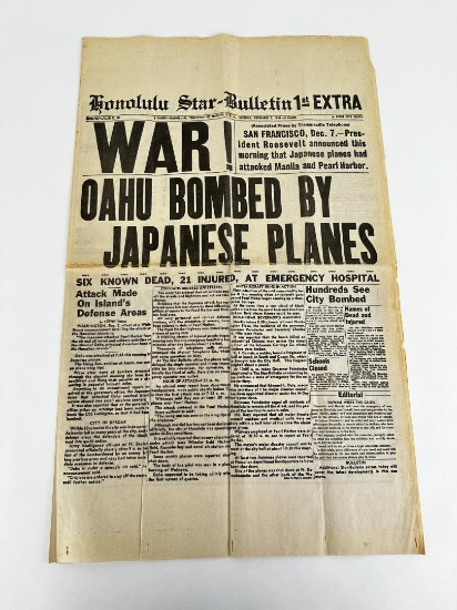December 7 1941 Honolulu Star Bulletin Newspaper