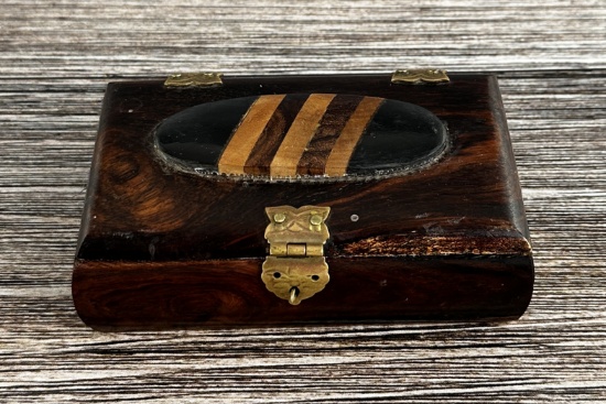 Inlaid Wood Box with Brass Fittings