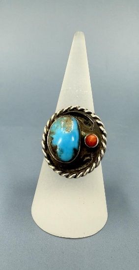 Navajo Sterling Silver Turquoise Coral Ring