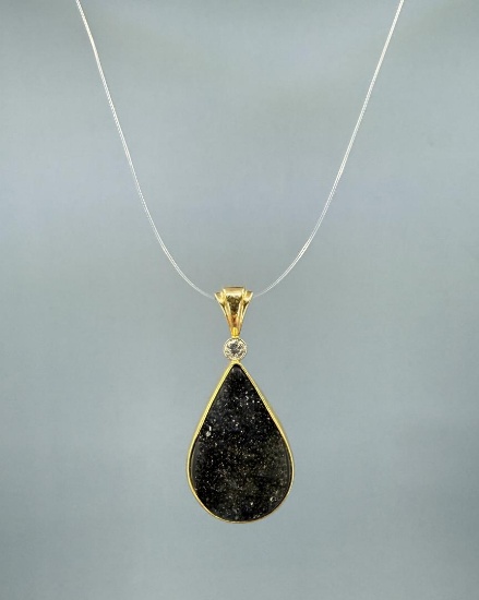 14k Gold Diamond Druzy Quartz Pendant