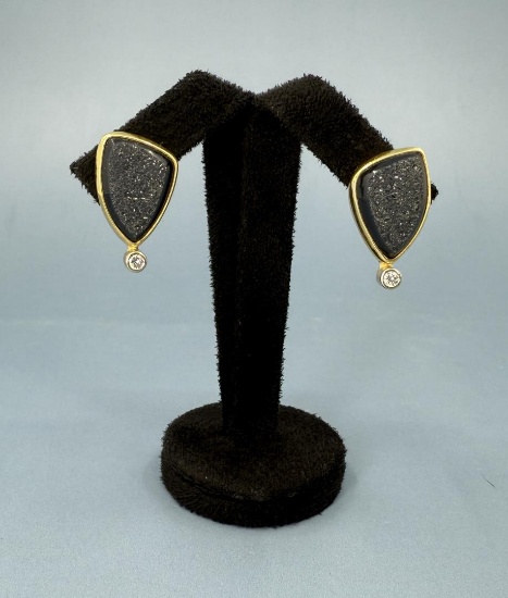 14k Gold Diamond Druzy Quartz Earrings