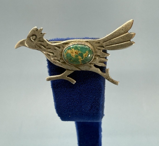 Navajo Sterling Silver Turquoise Roadrunner Brooch