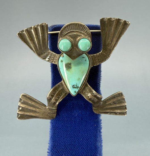 Navajo Sterling Silver Turquoise Frog Brooch
