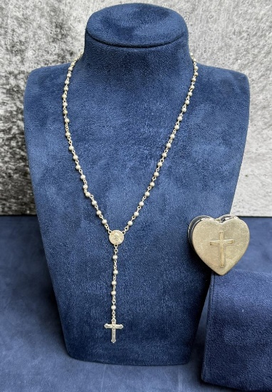 Antique Sterling Silver Rosary in Heart Box