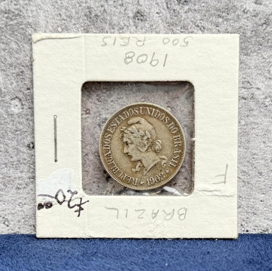 1908 Brazil 500 Reis Silver Coin