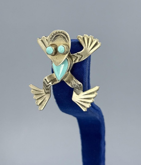 Navajo German Silver Turquoise Frog Brooch