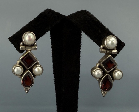 Sterling Silver Garnet & Pearl Earrings