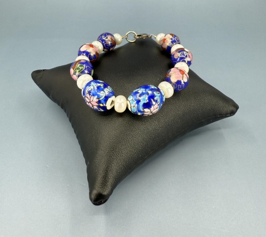 Cloisonne and Pearl Bracelet