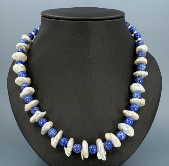 Lapis Lazuli and Baroque Pearl Necklace