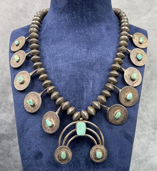 Navajo Squash Blossom Necklace Coins & Turquoise
