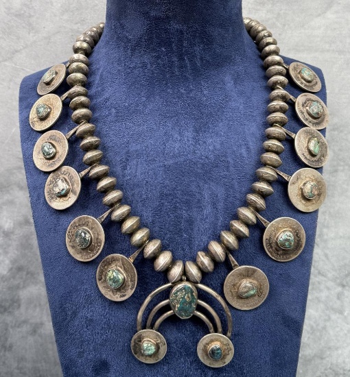 Navajo Squash Blossom Necklace Coins & Turquoise