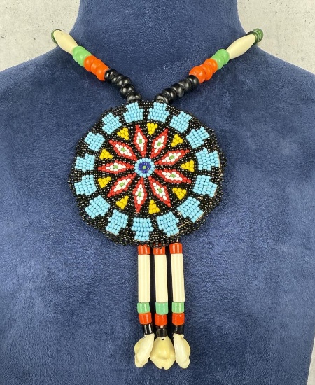 Native American Indian Beaded Rosette Necklace