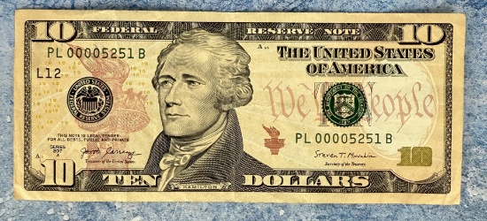 2017 $10 Bill Four Digit Fancy Serial Number