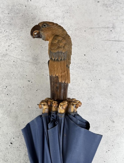 Antique Carved Wood Parrot Handle Umbrella