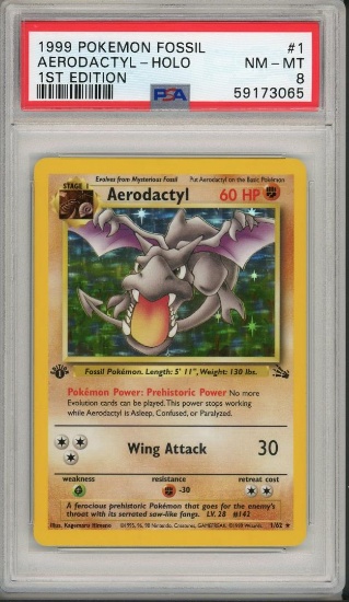 1999 Pokemon Fossil 1st Edition Aerodactyl 1 PSA 8