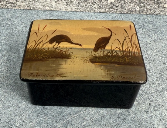 Russian Lacquer Cranes Trinket Box