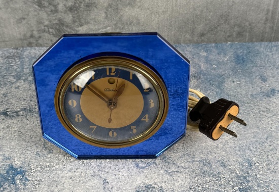 Blue Mirror Art Deco Telechron Desk Clock